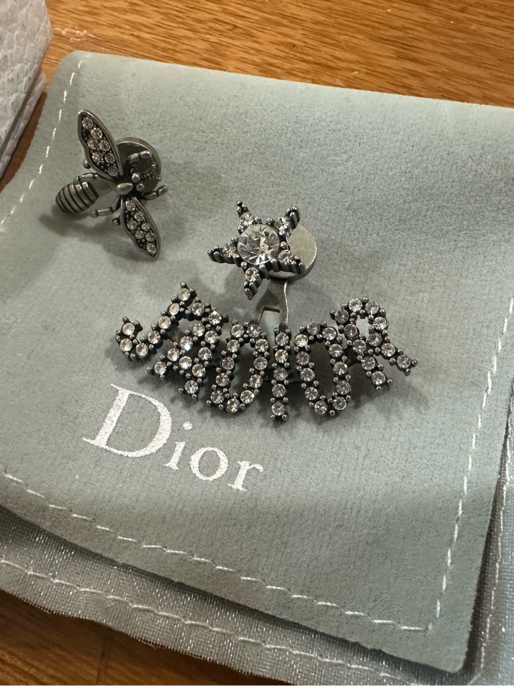 Authentic Christian Dior J'Adior Mismatched Bee Star Earrings Ruthenium Crystal